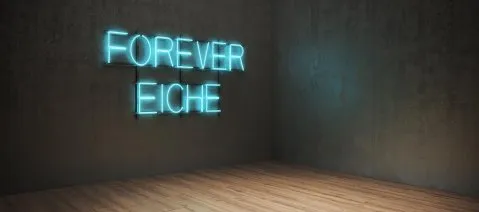 wineo Laminatboden in Holzoptik mit Forever Eiche Neon-Schriftzug an der Wand