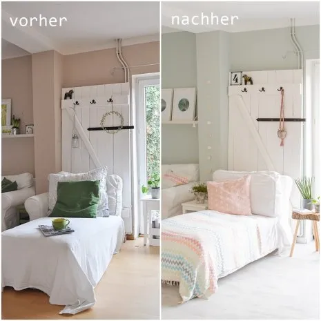 wineo PURLINE Bioboden im Wohnzimmer Sofa Sessel Homestory vorher nachher skandinavische Einrichtung